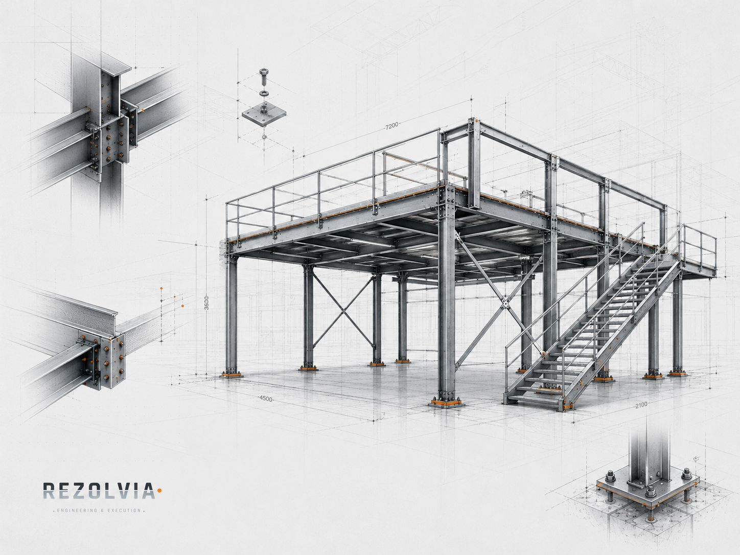 Wizualizacja stalowej platformy technologicznej ze schodami, balustradą i detalami węzłów śrubowych